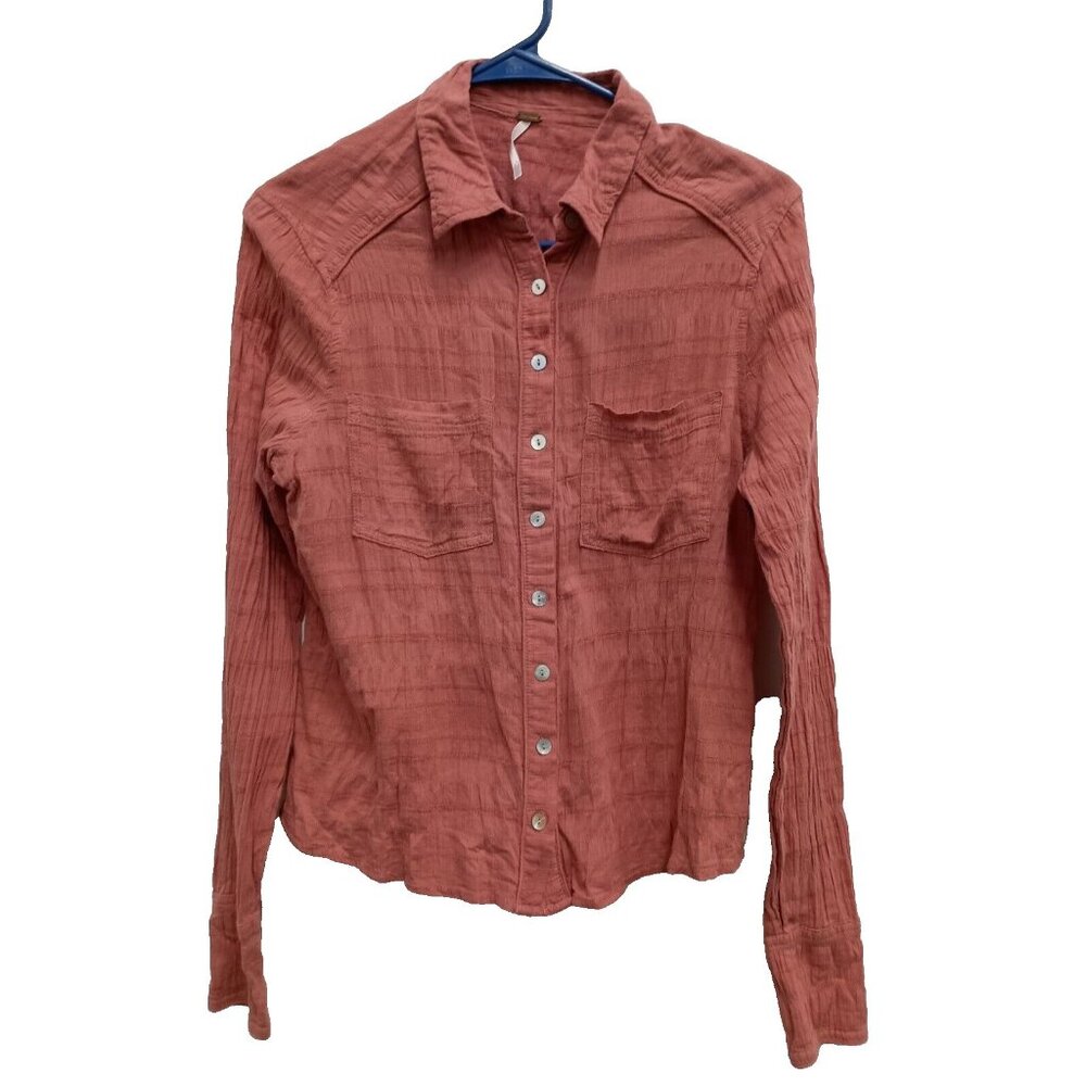 Free People Womens Shirt XS Salmon Gauzy Long Sleeve Button Up BOHO Top
